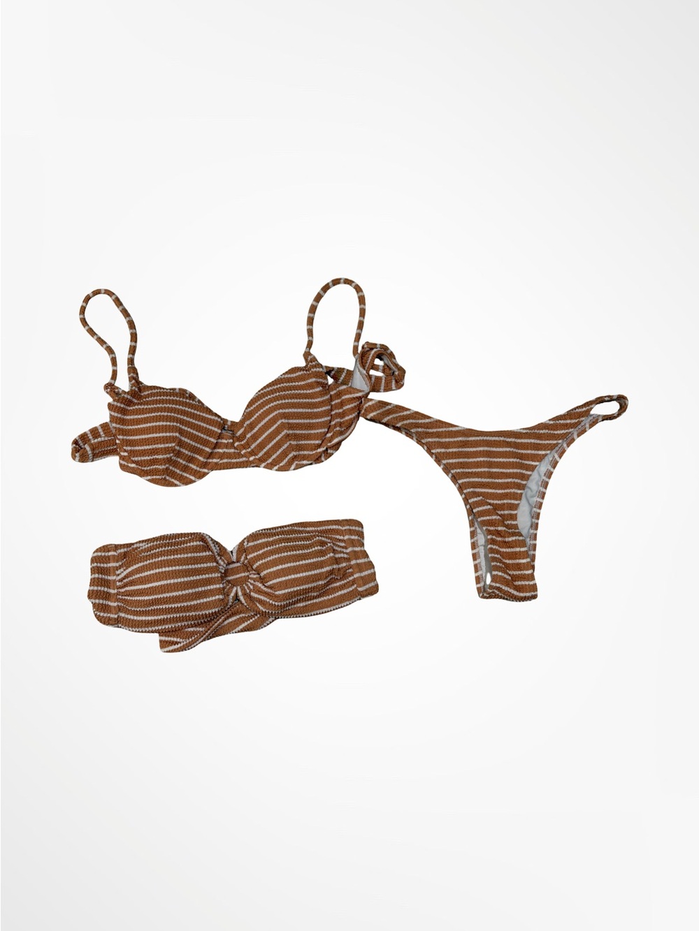 Somerfield Swim Tan & White Striped 3-Piece Bikini Set—2 tops, 1 bottom